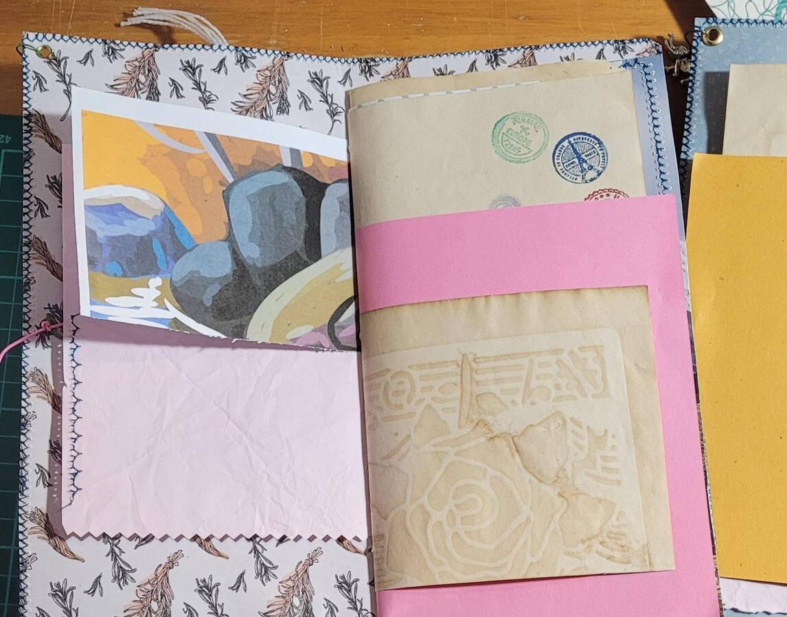 Just a little peek at some of the papers inside. When I dyed this coffee paper, I used the coffee to add some flower detail. And stamped some little stamp images in various colours. Just a little peek at some of the papers inside. When I dyed this coffee paper, I used the coffee to add some flower detail. And stamped some little stamp images in various colours.